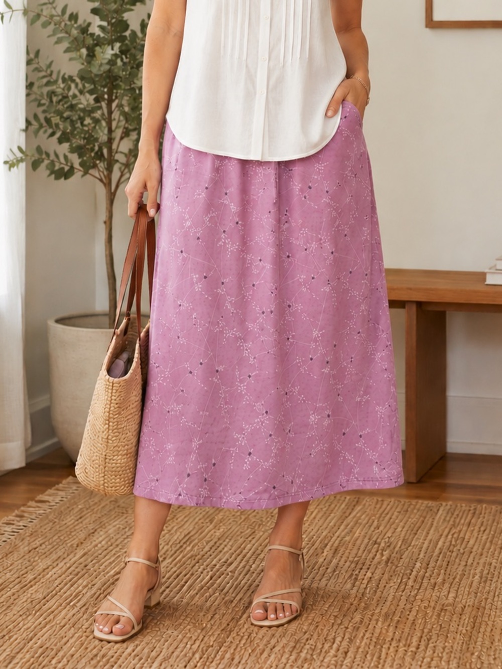 NWT Linden Hill Pink Floral Maxi Skirt XL Tencel Pockets Drawstring Waist Casual